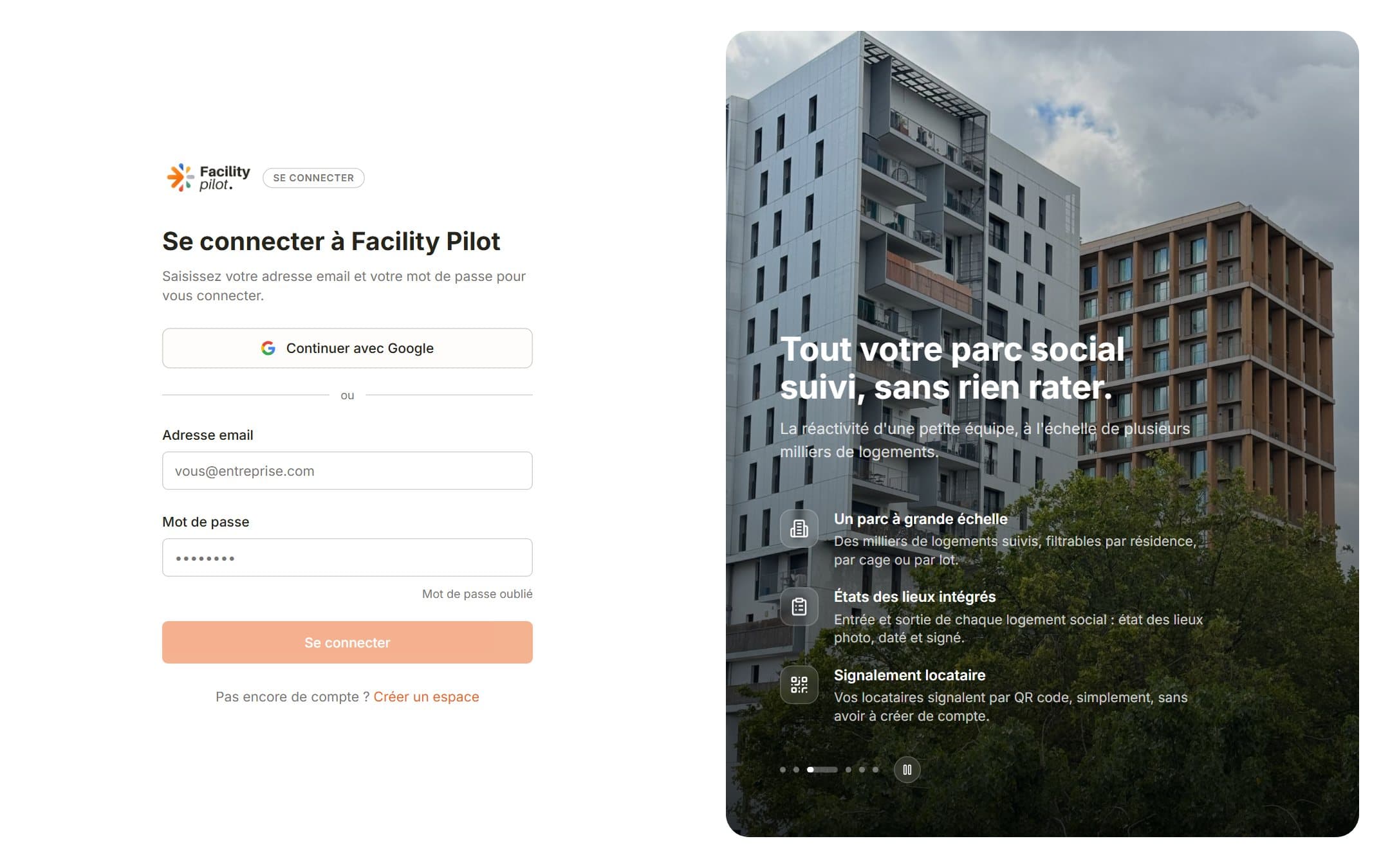 Page d'accueil du site réalisé pour Facility Pilot